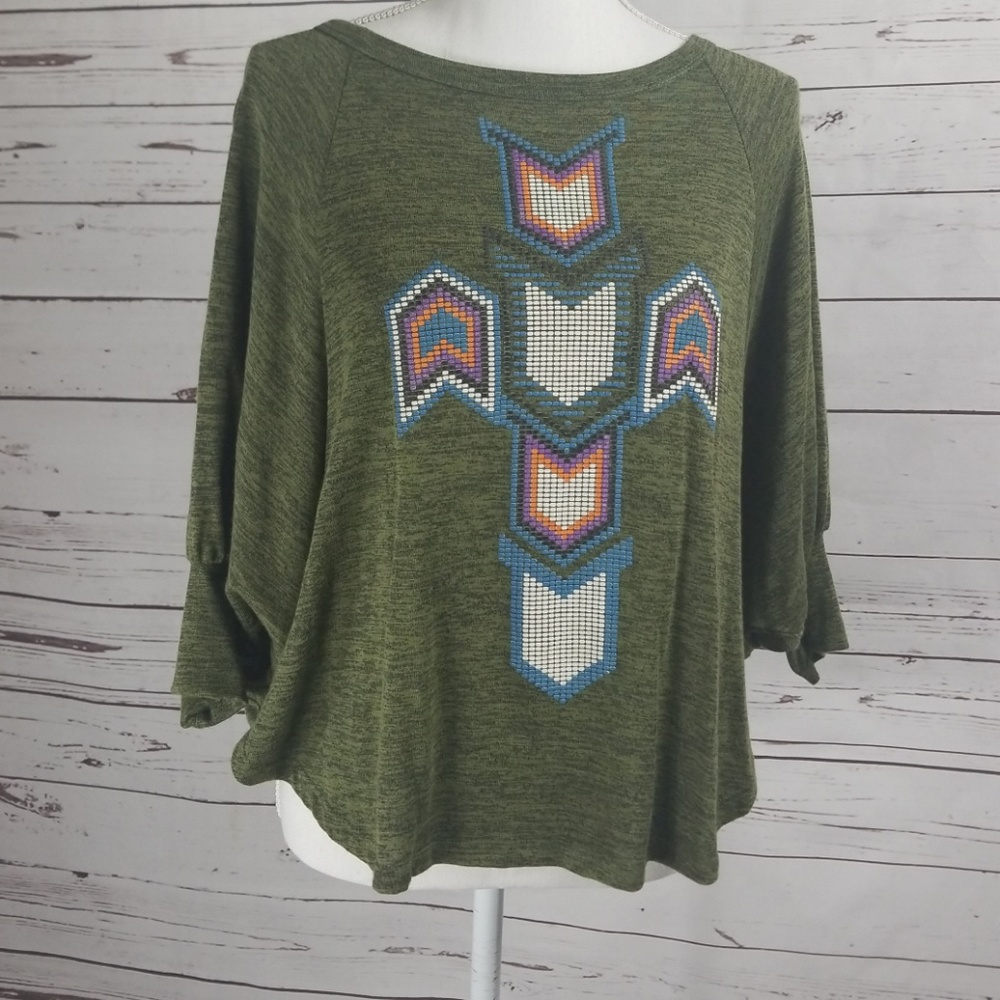 Olive Tribal Poncho Top Size Med